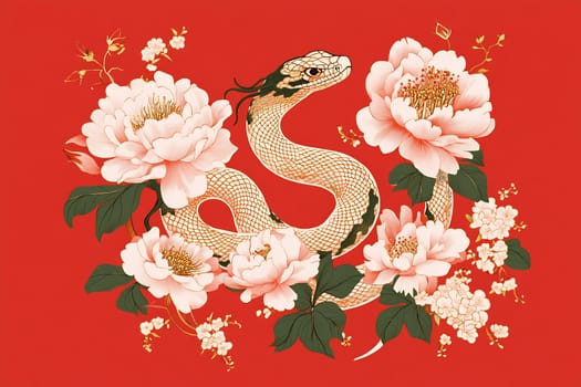 The artwork showcases a snake gracefully winding through beautiful peonies, set against a striking red backdrop that enhances its elegance.