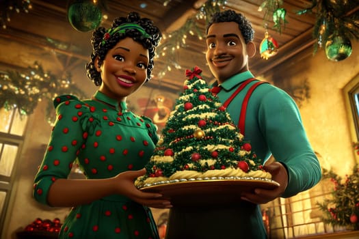 A cheerful couple joyfully presents a beautifully decorated Christmas tree in a warm, festive setting filled with holiday decorations.