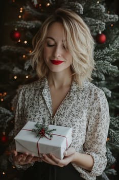 A cheerful woman stands in a decorated room filled with holiday spirit, holding a lovely gift adorned with a sprig of greenery.
