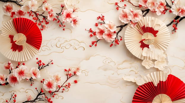 Delicate fans and vibrant cherry blossoms create a harmonious design against a light backdrop, evoking tranquility and beauty.