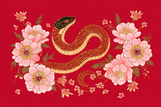 The striking design showcases a vibrant snake surrounded by delicate pink flowers on a vivid red backdrop, representing prosperity and renewal.