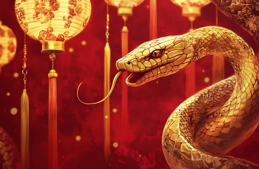 A golden snake is coiled elegantly among vibrant red lanterns, symbolizing prosperity during a festive event.