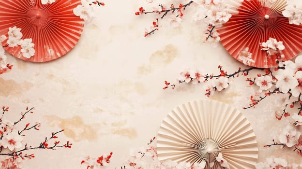 A vibrant arrangement of paper fans and delicate cherry blossoms creates a festive atmosphere, celebrating spring's arrival and beauty.