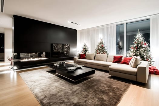 The modern living room features two beautifully decorated Christmas trees, a cozy sofa, and a chic coffee table, creating a festive ambiance.