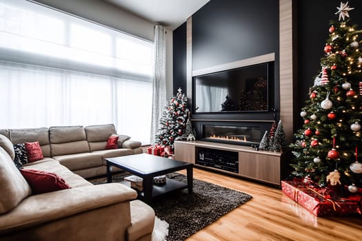 A stylish living room features two festive Christmas trees, cozy seating, and holiday decorations, creating a warm and inviting atmosphere.