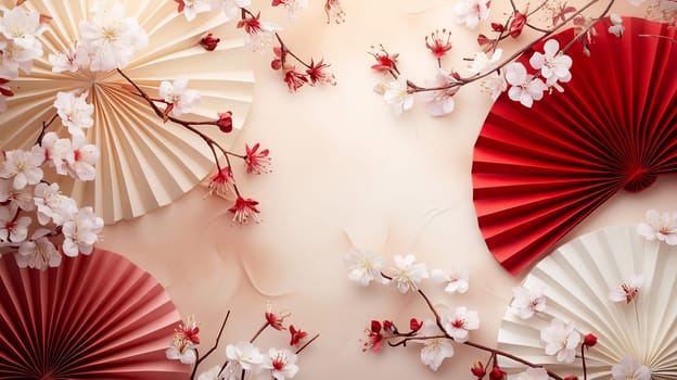 Colorful fans are surrounded by delicate cherry blossom flowers, creating an elegant springtime decoration for various occasions.