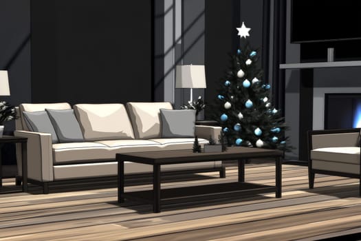 A stylish living room showcases a beautifully decorated Christmas tree and comfortable furniture, creating a festive holiday atmosphere.