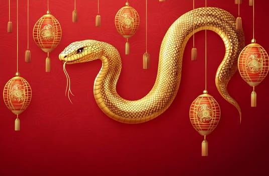 A golden snake gracefully coils among ornate red lanterns, symbolizing prosperity and good fortune during a festive event.