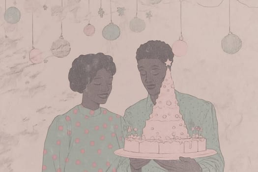 A couple shares a joyful moment, gazing at a festive cake while enjoying a warm holiday atmosphere filled with colorful decorations.