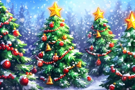 Colorful Christmas trees decorated with red balls, bells, and golden stars stand beautifully in a snowy winter forest.