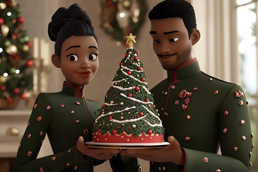 The couple smiles as they hold a decorated Christmas cake together, surrounded by holiday decorations and a beautiful tree.