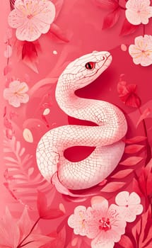 The white snake gracefully curves through pink blossoms against a vivid red backdrop, representing beauty and tranquility.