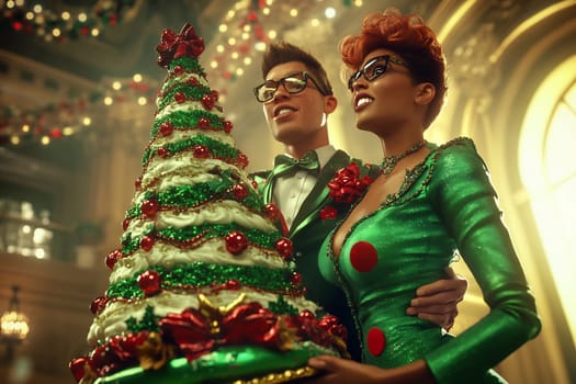 A stylish couple poses cheerfully with a festive Christmas tree adorned with ornaments at a vibrant holiday gathering.