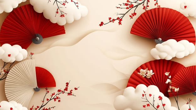 The artwork features red and white fans adorned with cherry blossoms and fluffy clouds, evoking a sense of calm and cultural richness.