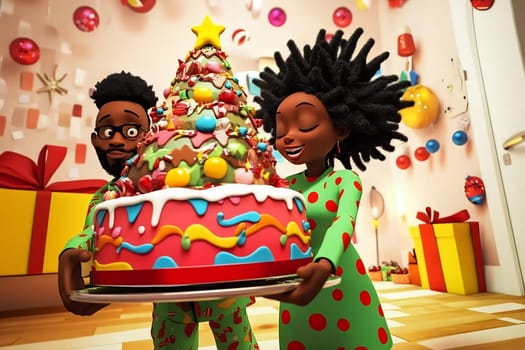 A cheerful couple wearing coordinated outfits celebrates by holding a large, colorful cake amidst holiday decorations and gifts.