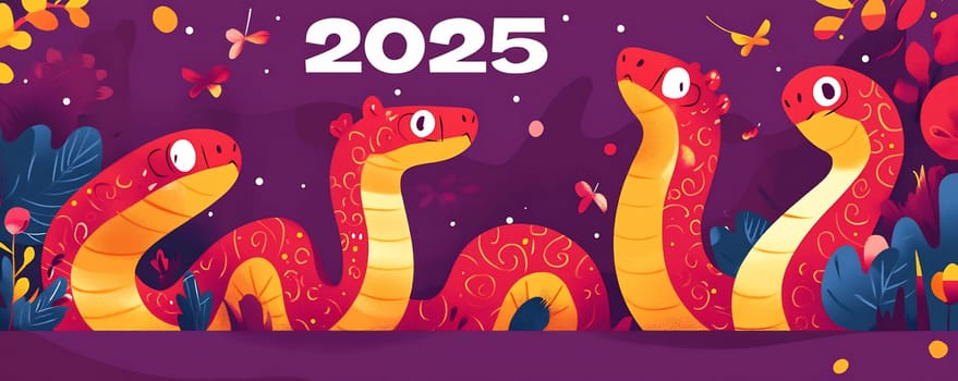 Four animated snakes with bright colors and decorative patterns celebrate the Year of the Snake, symbolizing joy and new beginnings in 2025.
