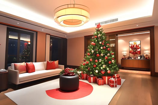 A modern living room showcases a beautifully decorated Christmas tree surrounded by presents, creating a festive and inviting atmosphere.