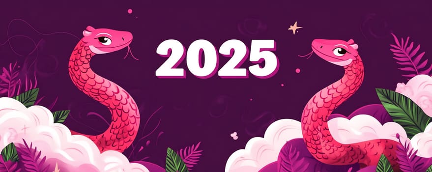 Two vibrant pink snakes weave through lush green foliage, symbolizing the start of the year 2025 in a festive design.