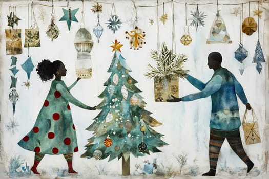 A family adds ornaments to a Christmas tree, creating a cheerful atmosphere filled with holiday spirit and togetherness.