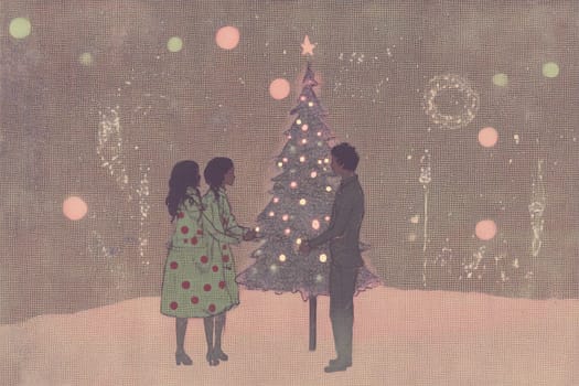 A group of three people joyfully adorn a Christmas tree with sparkling lights in a winter wonderland atmosphere.