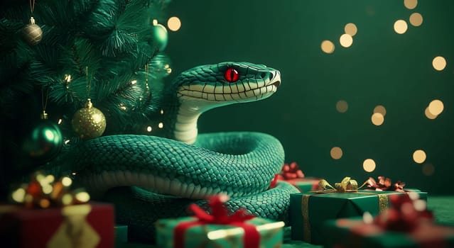 A green snake is coiled around colorful Christmas presents beneath a beautifully decorated tree with twinkling lights.
