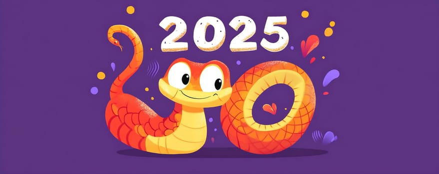 A joyful snake character represents the year 2025, decorated with vibrant hearts and playful designs to celebrate the new year.