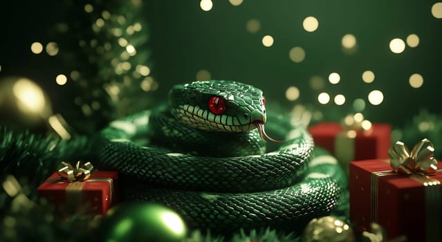 The green snake, illuminated softly, slithers through ornamental pine branches, surrounded by colorful holiday gifts.