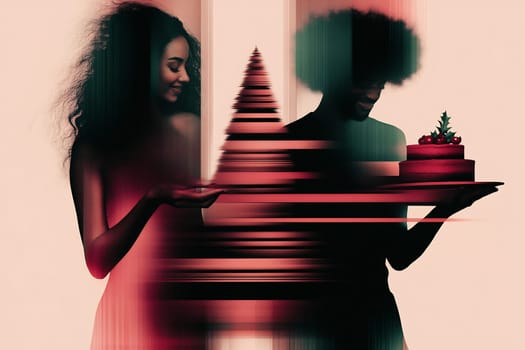 A woman in a red dress and a man with an afro share a cake in a vibrant, abstract setting filled with colorful effects.
