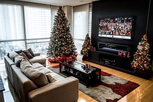 A warm family living room adorned with Christmas decorations, featuring two trees and a television showing a festive event.