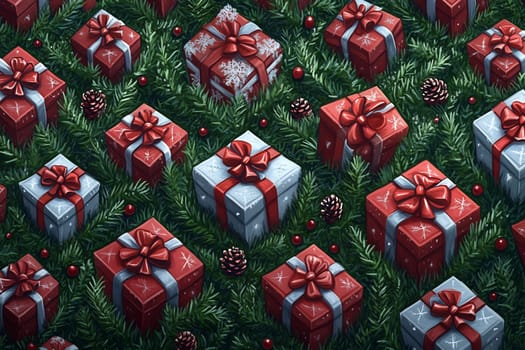 Colorful Christmas gifts with ribbons and bows are displayed among evergreen branches and pine cones, creating a joyful holiday atmosphere.