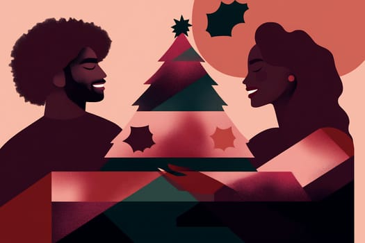 A couple smiles while arranging ornaments on a Christmas tree, embodying holiday cheer in a warm atmosphere.