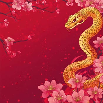 A golden snake gracefully winds through blooming cherry blossoms on a deep red backdrop, creating a striking visual contrast.