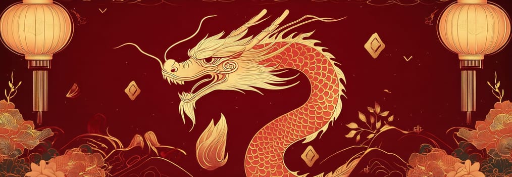 A striking dragon design entwined with lanterns and flowers, reflecting festive traditions against a rich red background.