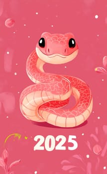A vibrant cartoon snake with a playful expression symbolizes the Year of the Snake in 2025, surrounded by floral decorations.