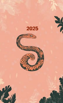 A colorful snake illustration enhances the design with the year 2025 set against a subtle pink backdrop, surrounded by tropical leaves.