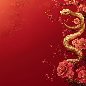 A golden snake weaves through blooming pink flowers on a red backdrop, symbolizing prosperity during the festive celebration.