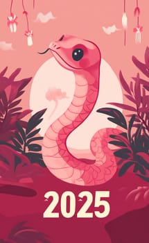 This colorful pink serpent is surrounded by greenery and represents the upcoming year 2025 in an artistic style.