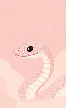 A charming pink snake with large eyes playfully sticking out its tongue, set against a gentle pink backdrop, representing the year 2025.