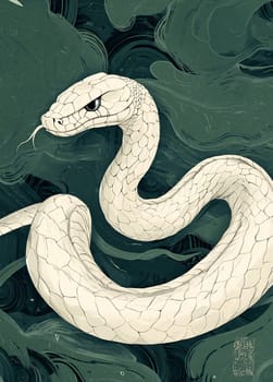 A white snake elegantly coils through dark, swirling patterns, displaying intricate detail and an artistic flair in the overall design.