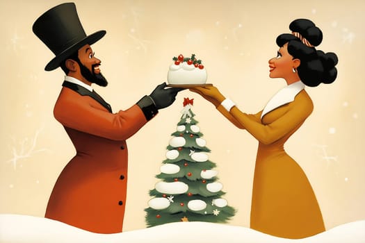A couple in elegant holiday attire exchanges a beautifully decorated cake beside a Christmas tree adorned with ornaments.