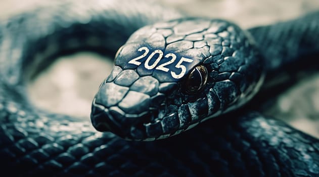 The snake, displaying the year 2025 on its head, rests on the ground, surrounded by a blurred natural environment.