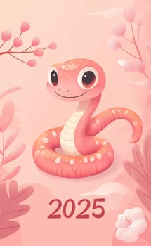 This delightful pink snake character, adorned with white spots, stands amidst soft floral elements, symbolizing the year 2025.