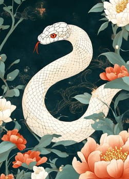A striking white snake rests intertwined with colorful peonies, creating a harmonious botanical composition filled with detail.