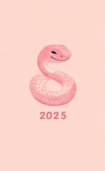 A whimsical pink snake curves elegantly, featuring a cheerful expression, with the year 2025 below in a simple font.