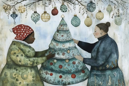 Two women joyfully hang ornaments on a beautifully decorated Christmas tree, celebrating the spirit of the holiday season together.