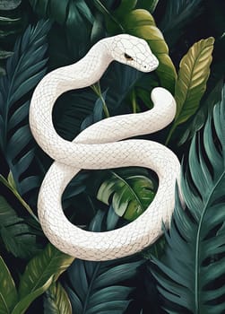 A white snake elegantly twists through various shades of lush green tropical leaves, showcasing its unique beauty and habitat.