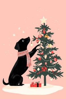A joyful black dog wearing a scarf is reaching up to adorn a beautifully decorated Christmas tree with colorful ornaments.