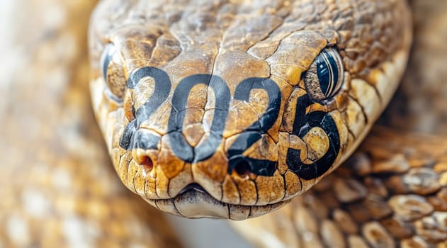 A detailed close-up shows the head of a snake with 2025 marked on its scales, highlighting its unique features in a natural environment.