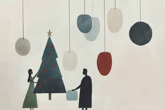 A couple joyfully decorates a Christmas tree with ornaments and a star, capturing the festive spirit of the holidays.
