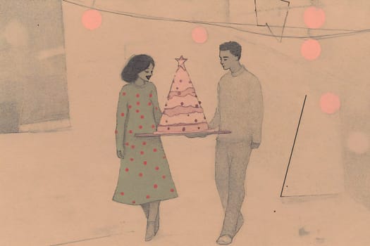 A couple joyfully carries a cake resembling a Christmas tree, celebrating the festive season indoors with warm decorations.